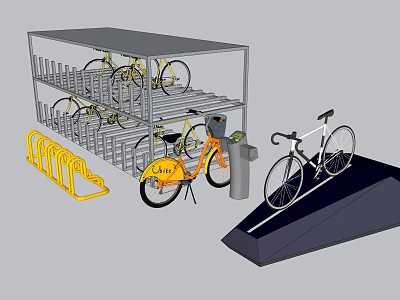 Multi Level Bicycle Parking Rack With Parked Bicycles Yellow Stand Trash Bin And Ramp 3d model