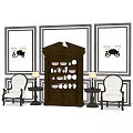 Elegant Wooden Sideboard With China Dishes Framed Wall Art Sconces Armchairs And Table Lamps