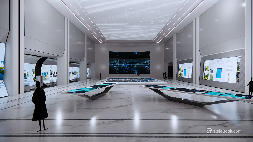 Modern Exhibition Hall Interior Design With Large Screen Display Platforms And Marble Floor 3d model 