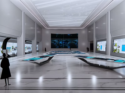 Modern Exhibition Hall Interior Design With Large Screen Display Platforms And Marble Floor 3d model
