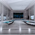 Modern Exhibition Hall Interior Design With Large Screen Display Platforms And Marble Floor