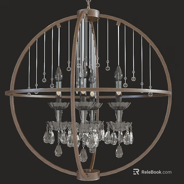 Elegant Circular Chandelier With Wooden Frame Metal Rods And Crystal Pendants 3d model 
