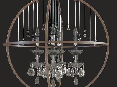 Elegant Circular Chandelier With Wooden Frame Metal Rods And Crystal Pendants 3d model