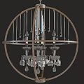 Elegant Circular Chandelier With Wooden Frame Metal Rods And Crystal Pendants