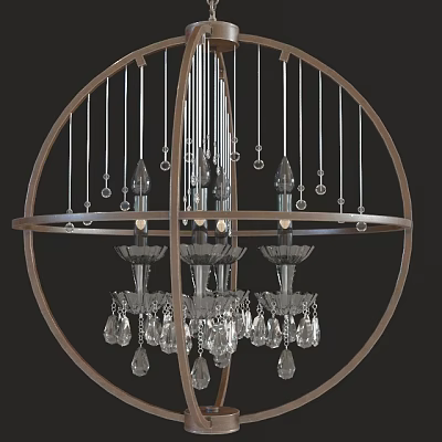 Elegant Circular Chandelier With Wooden Frame Metal Rods And Crystal Pendants 3d model