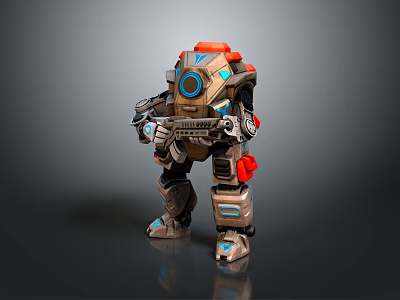 Game Movie Character in Futuristic Mech Suit With Gun Red Blue Accents Metallic Armor Design 3d model