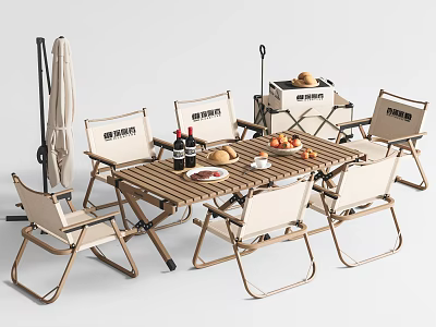 Outdoor Table Set With Folding Chairs Umbrella And Picnic Bread Fruits Drinks 3d model