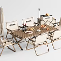 Outdoor Table Set With Folding Chairs Umbrella And Picnic Bread Fruits Drinks