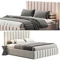 Elegant Double Bed With Vertical Tufted Velvet Headboard Gray Layered Bedspread And Decorative Pillows 3d model