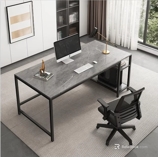 Modern Home Office Desk With Grey Marble Top Computer Monitor Desk Lamp And Office Chair 3d model 