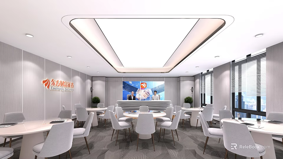 Modern Public Office Space With White Tables Chairs Large Screen And Green Plants 3d model 