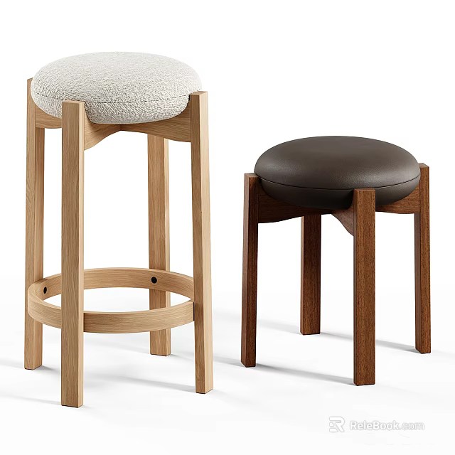 Light And Dark Wood Stools With Upholstered And Leather Seats Modern Design 3d model 