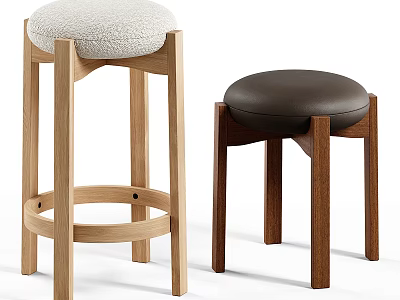 Light And Dark Wood Stools With Upholstered And Leather Seats Modern Design 3d model