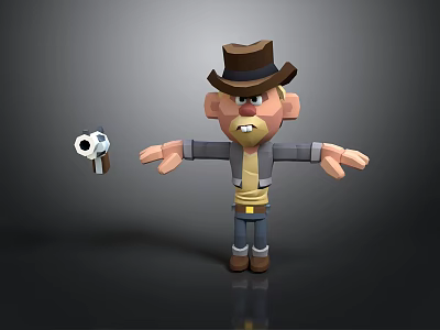 Cartoon Cowboy Character With Brown Hat Holding Revolver And Angry Expression 3d model
