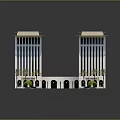 Modern Symmetrical Twin High Rise Buildings With Central Circular Plaza And Green Plants