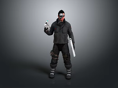 Sci Fi Character in Black Tactical Uniform with Goggles Weapon and Device 3d model