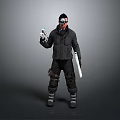 Sci Fi Character in Black Tactical Uniform with Goggles Weapon and Device