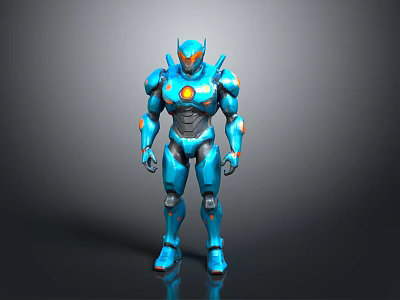 Blue Mech Warrior Robot With Orange Accents And Mechanical Armor Design 3d model