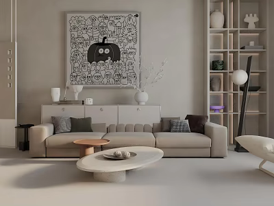 Modern Living Room Interior With Gray Sofa Round Coffee Table Abstract Painting And Floor Lamp 3d model