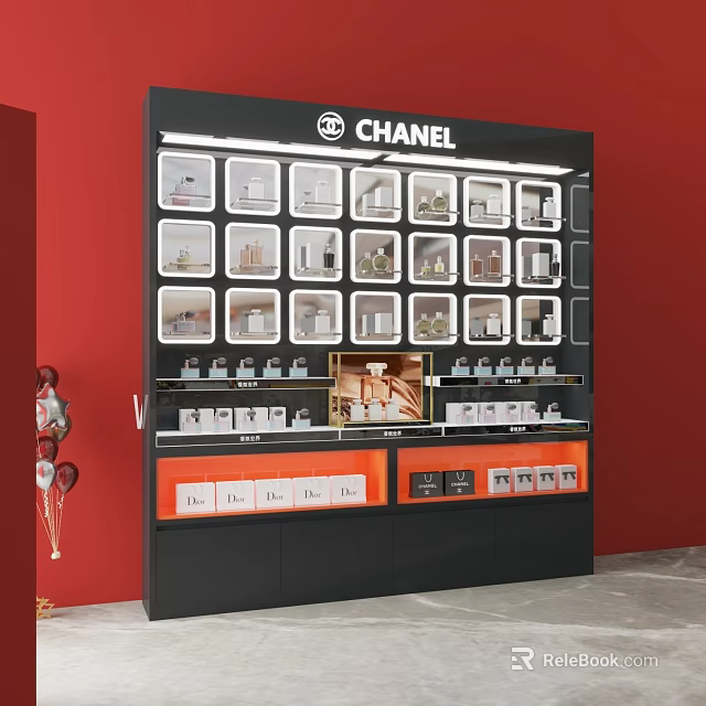 Chanel Display Shelf With Black Frame Red Background And Cosmetic Product Compartments 3d model 