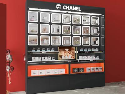 Chanel Display Shelf With Black Frame Red Background And Cosmetic Product Compartments 3d model
