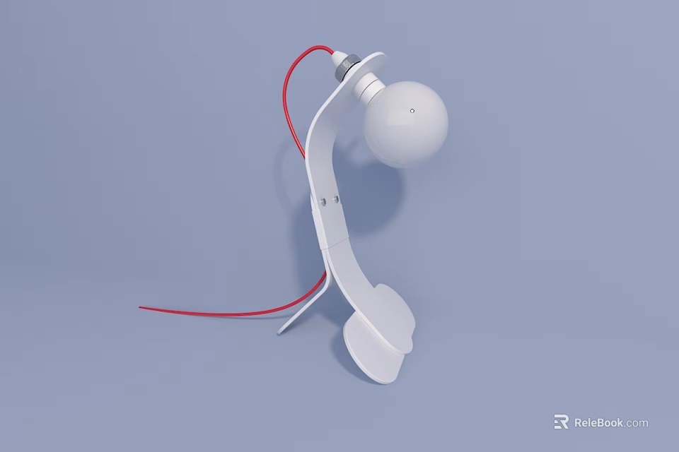 White Minimalist Table Lamp With Curved Stand And Red Wire Design 3d model 