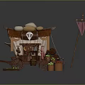 Traditional Vendor Cart With Stone Topped Canopy Wooden Wheels Bottles Fruit Baskets And Pink Flag