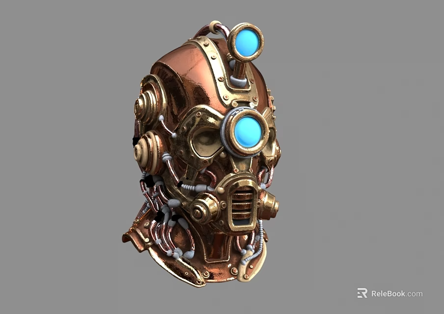 Steampunk Style Weapon Helmet with Copper Gold Metal Blue Lenses and Gear Decorations 3d model 