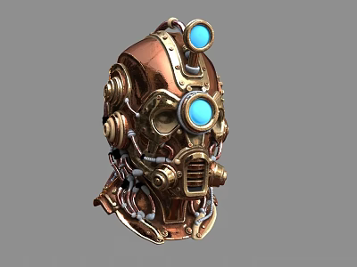Steampunk Style Weapon Helmet with Copper Gold Metal Blue Lenses and Gear Decorations 3d model