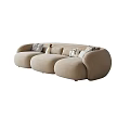 Modern Three Seater Sofa In Beige Fabric With Curved Design And Decorative Pillows