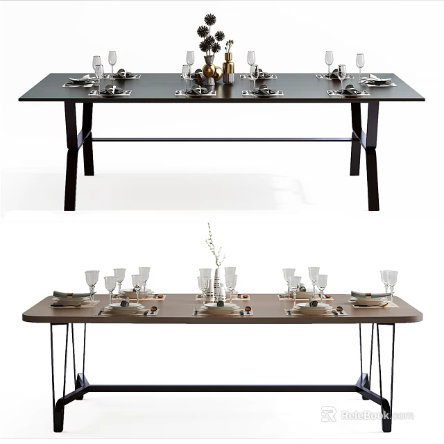 Modern Long Dining Table With Tableware Wine Glasses And Decorative Vase 3d model 