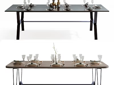 Modern Long Dining Table With Tableware Wine Glasses And Decorative Vase 3d model