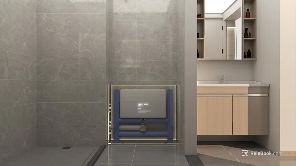 Modern Bathroom Washbasin With Gray Tiled Wall And Wooden Cabinets Mirror 3d model 