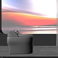 Stylish White Toilet in Modern Bathroom Interior with Colorful Abstract Painting and Curtains