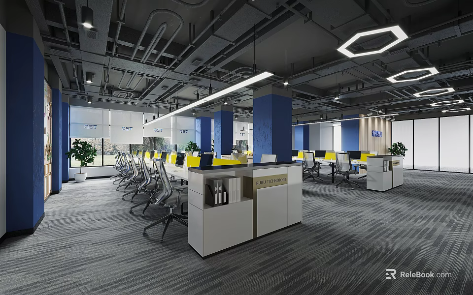 Modern Public Office Space Featuring Open Workstations Blue Columns Green Plants And Hexagonal Ceiling Lights 3d model 