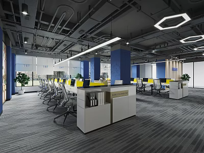 Modern Public Office Space Featuring Open Workstations Blue Columns Green Plants And Hexagonal Ceiling Lights 3d model