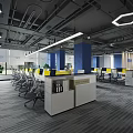 Modern Public Office Space Featuring Open Workstations Blue Columns Green Plants And Hexagonal Ceiling Lights 3d model