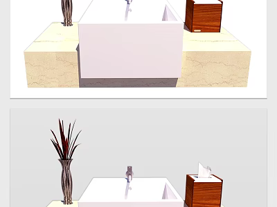 Modern Bathroom Sink With Marble Countertop Wooden Storage Box And Decorative Vase 3d model