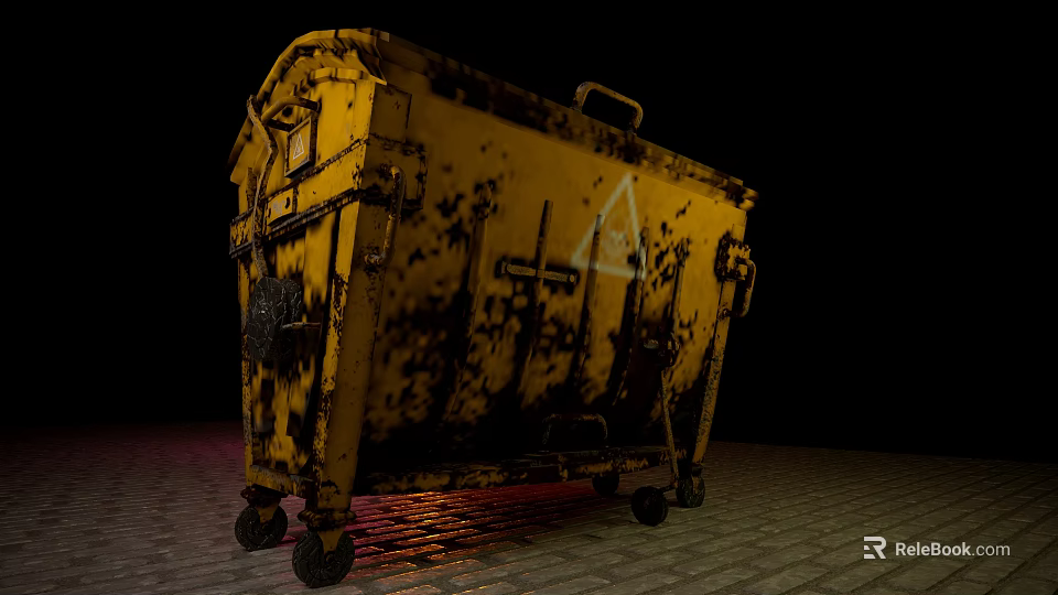 Rusty Public Facility Yellow Trash Bin With Wheels On Brick Ground 3d model