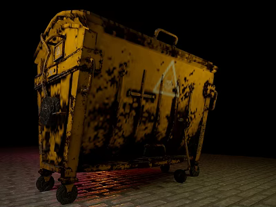 Rusty Public Facility Yellow Trash Bin With Wheels On Brick Ground 3d model