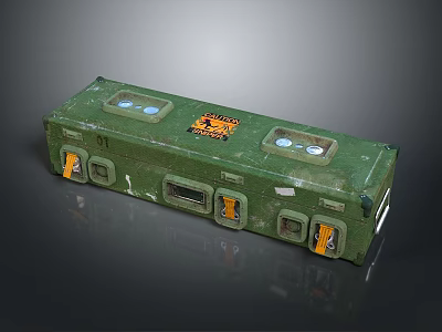 Elongated Green Military Grade Weapon Storage Container With Yellow Labels And Side Openings 3d model