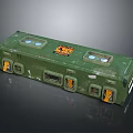 Elongated Green Military Grade Weapon Storage Container With Yellow Labels And Side Openings