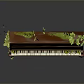 Vintage Wooden Piano With Green Plants Growing On Top And Around