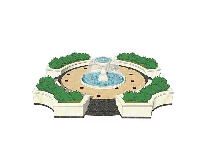 Ornamental Circular Fountain Surrounded By Green Bushes And Stone Borders 3d model