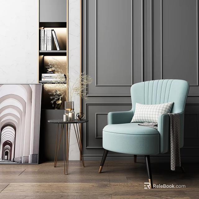 Light Blue Single Sofa With Side Table Decorative Items Gray Wall And Artwork 3d model