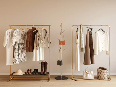 Stylish Gold Clothing Racks In Modern Room With Clothes Accessories And Shoes 3d model