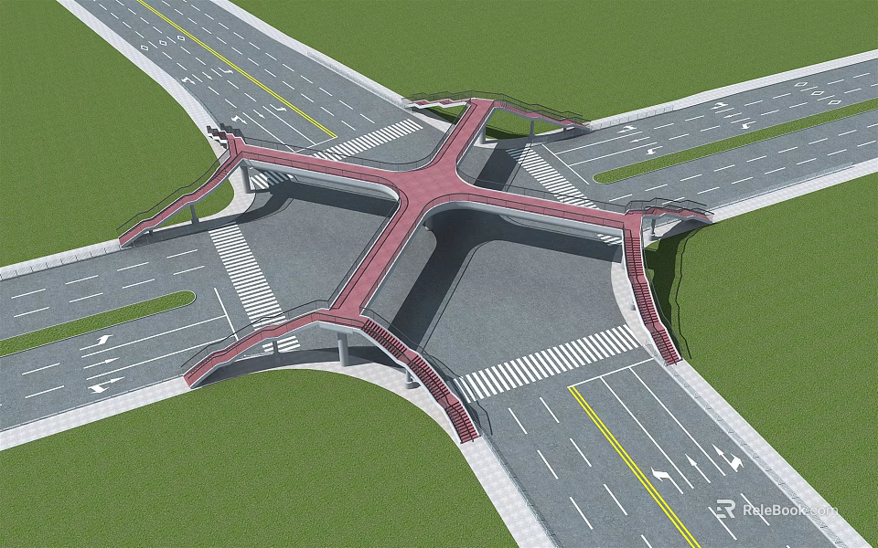 Red Modern Bridge Design Over Road Intersection With Green Grass 3d model
