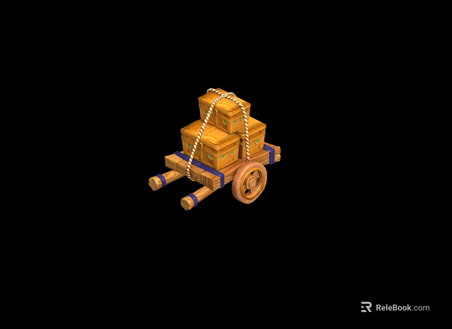Wooden Cart With Stacked Wooden Crates Tied Securely With Ropes And Wooden Wheels 3d model 