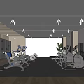Modern Spacious Fitness Gym With Workout Equipment Treadmills Exercise Bikes Blue Walls And Wooden Flooring