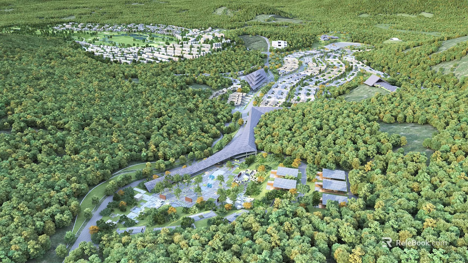 Aerial View Master Planning of Forested Residential Community With Green Spaces and Roads 3d model 